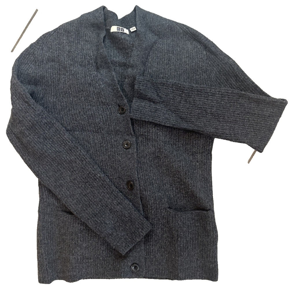 VTG Uniqlo U Lemaire Womens S Dark Grey 100% Wool Ribbed Knit Cardigan Sweater